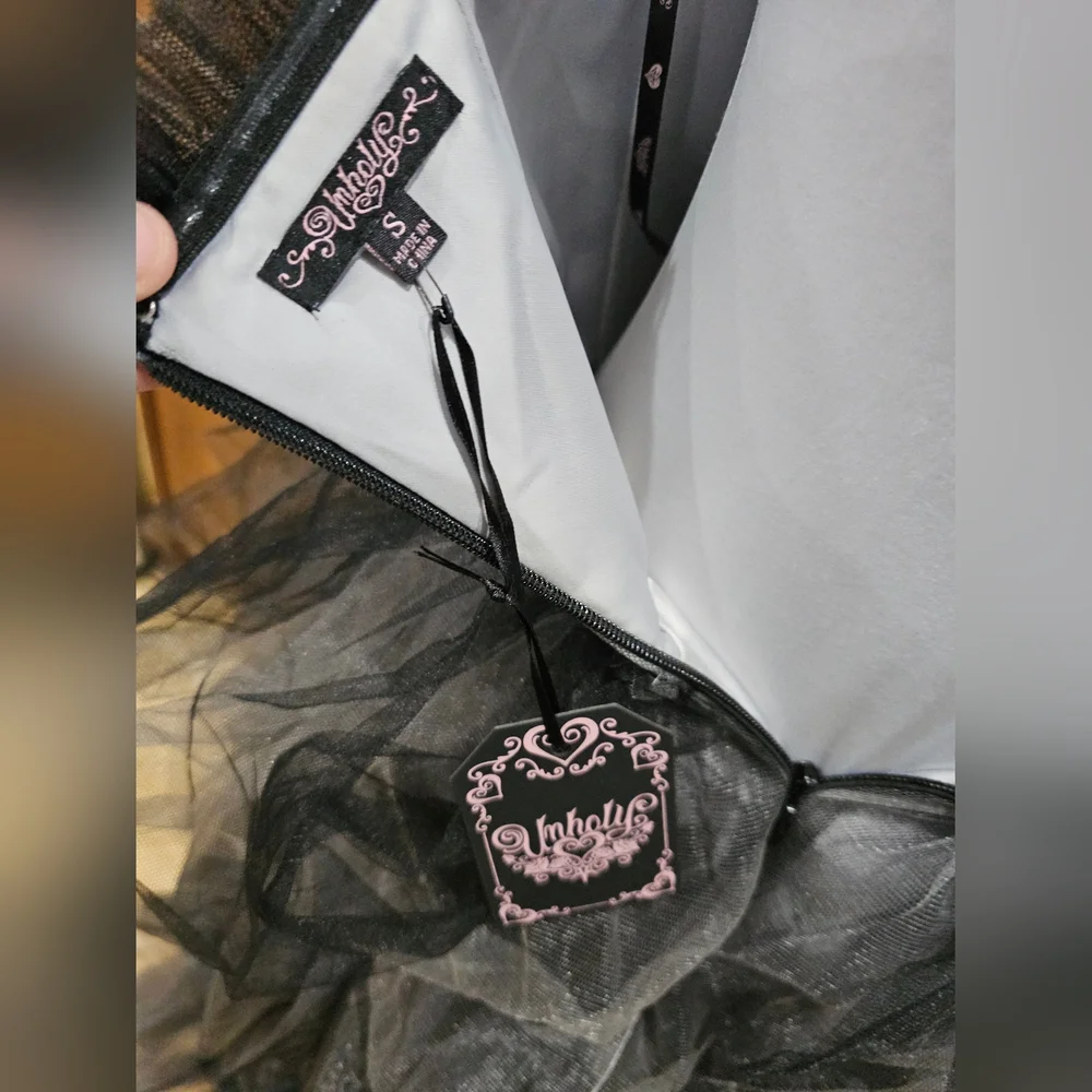 Dolls Kill Unholy Dramatic Flair Tiered Black Gray Tulle Maxi Dress Gown S - Picture 14 of 16